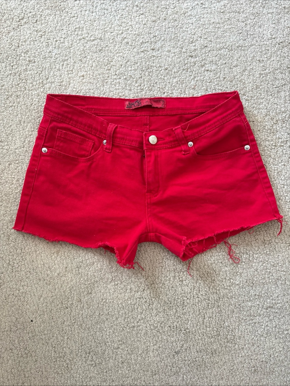 U-51 Red Denim Jean Shorts Distressed Frayed Hem Stretch | Women's Size 11